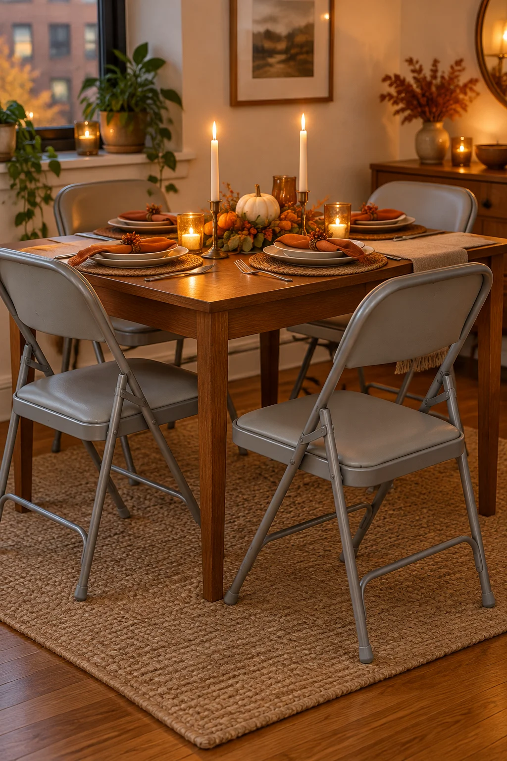 Padded folding chairs around a small Thanksgiving table