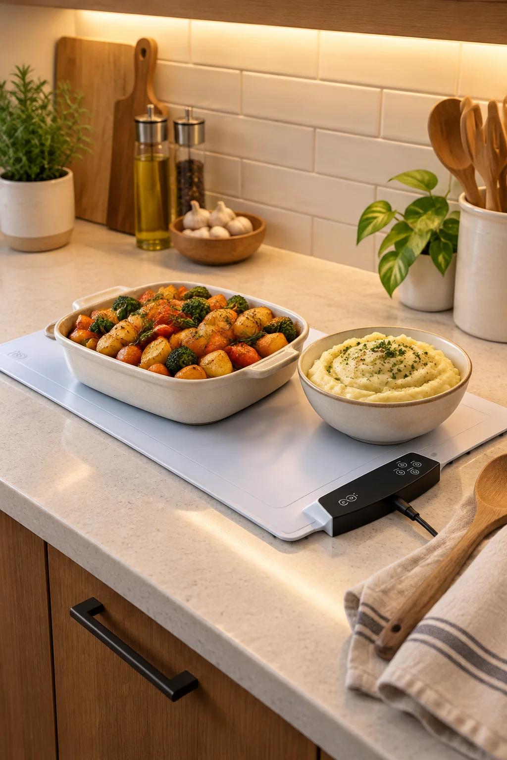 Electric warming mat keeping side dishes hot on a kitchen counter