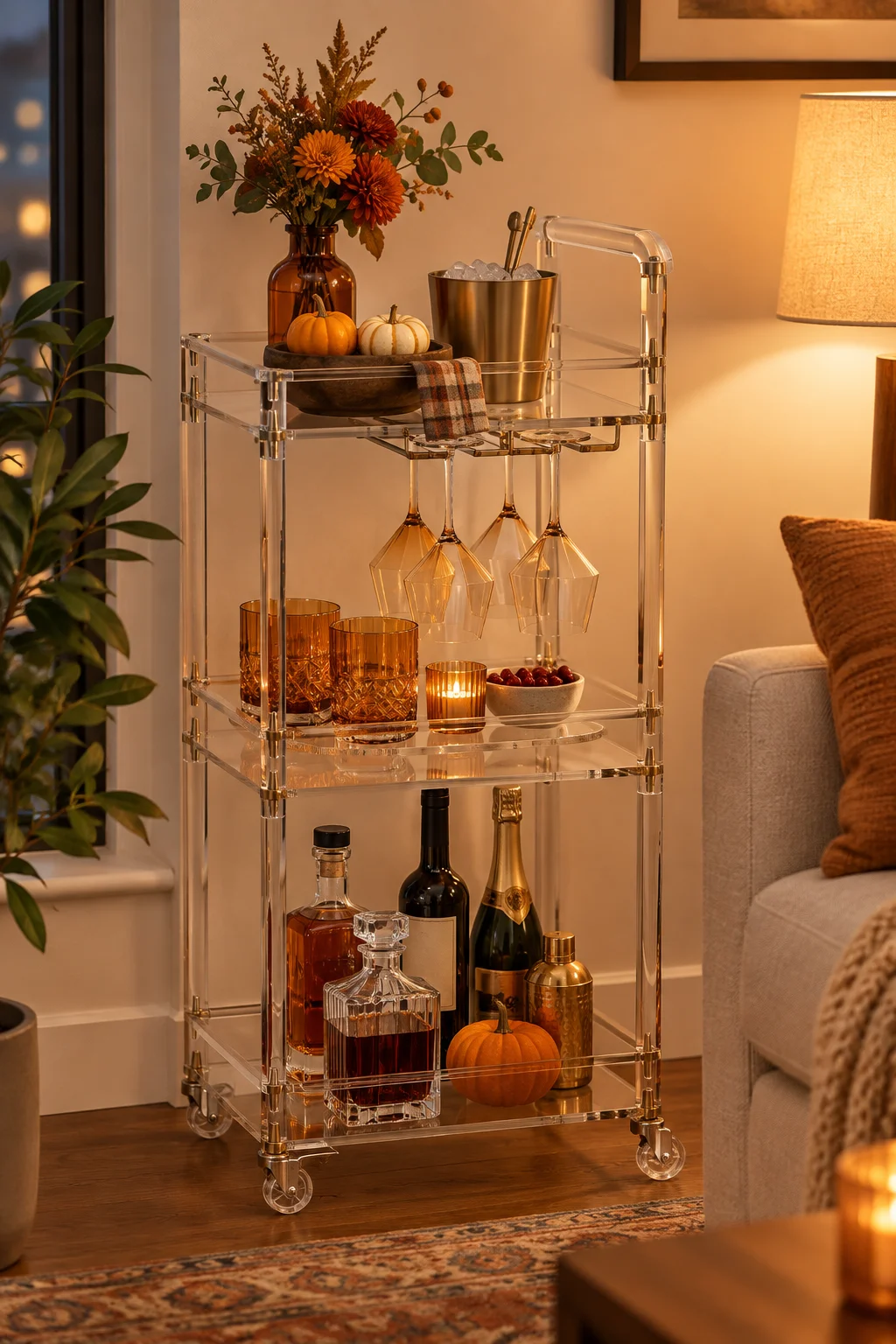 Acrylic bar cart stocked as a drink station outside the kitchen