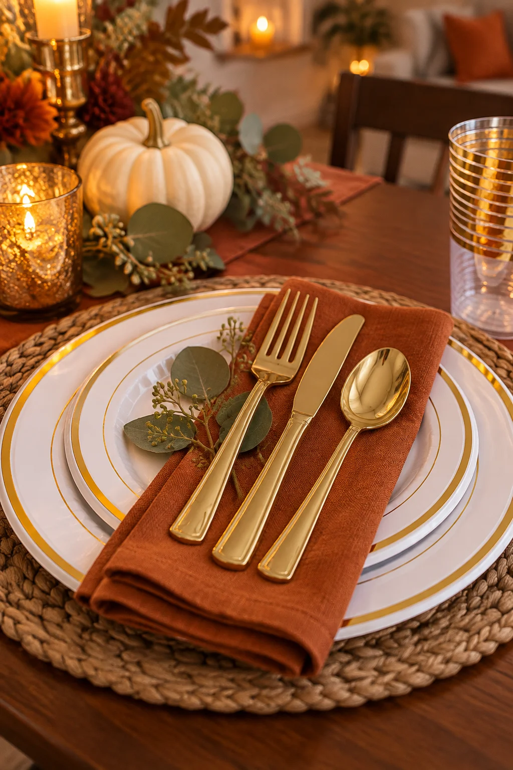 Elegant disposable plates with gold rim on a Thanksgiving table